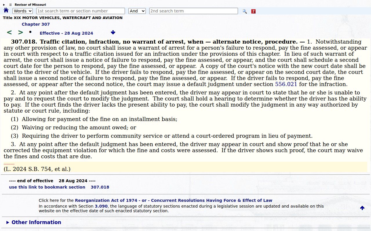 Missouri traffic infraction failure to appear statute