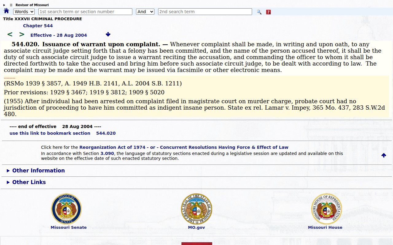 Missouri arrest warrant probable cause statute